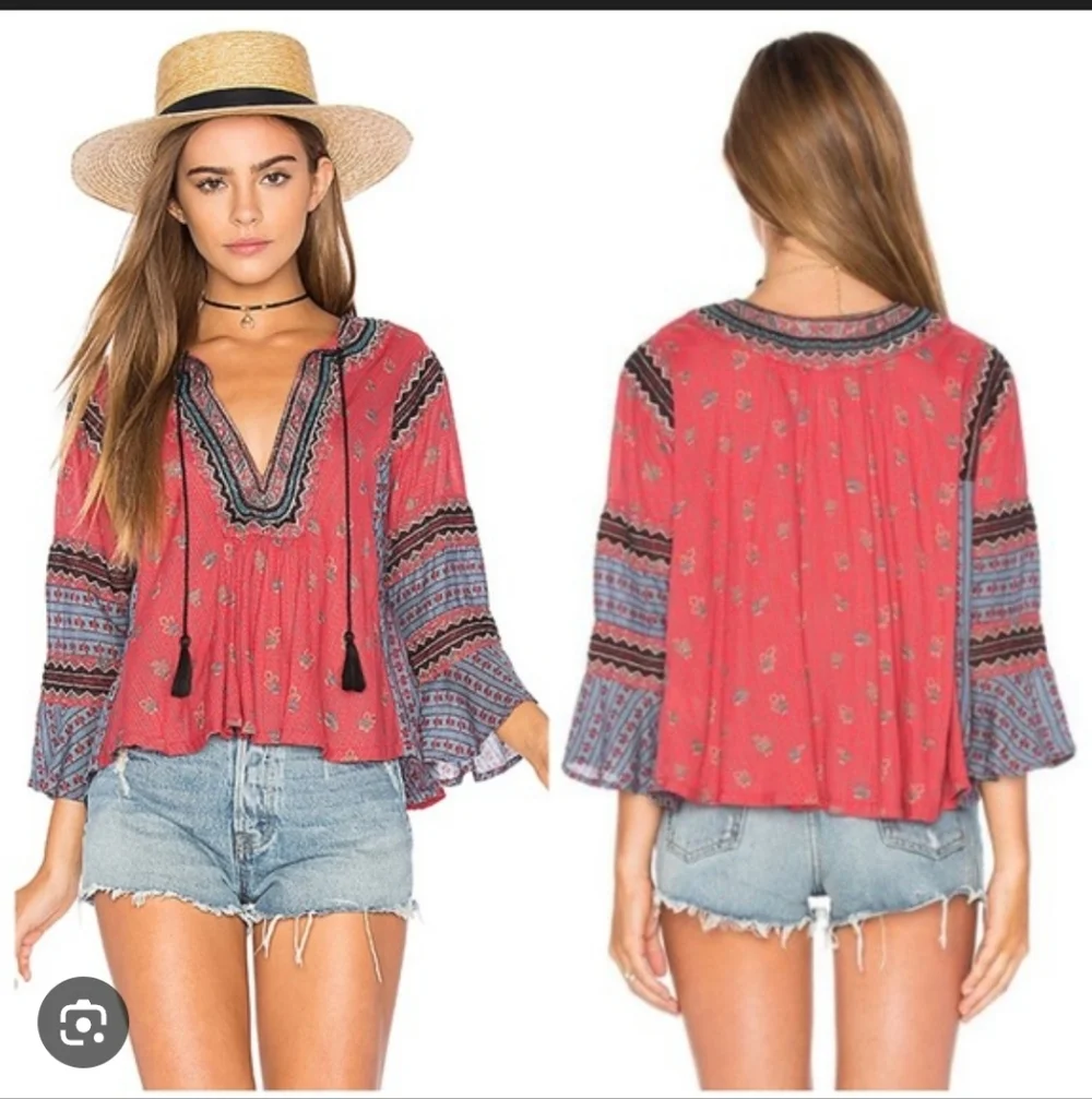 Boho V-Neck Tassel Peasant Top in Coral Mix - Picture 12 of 13